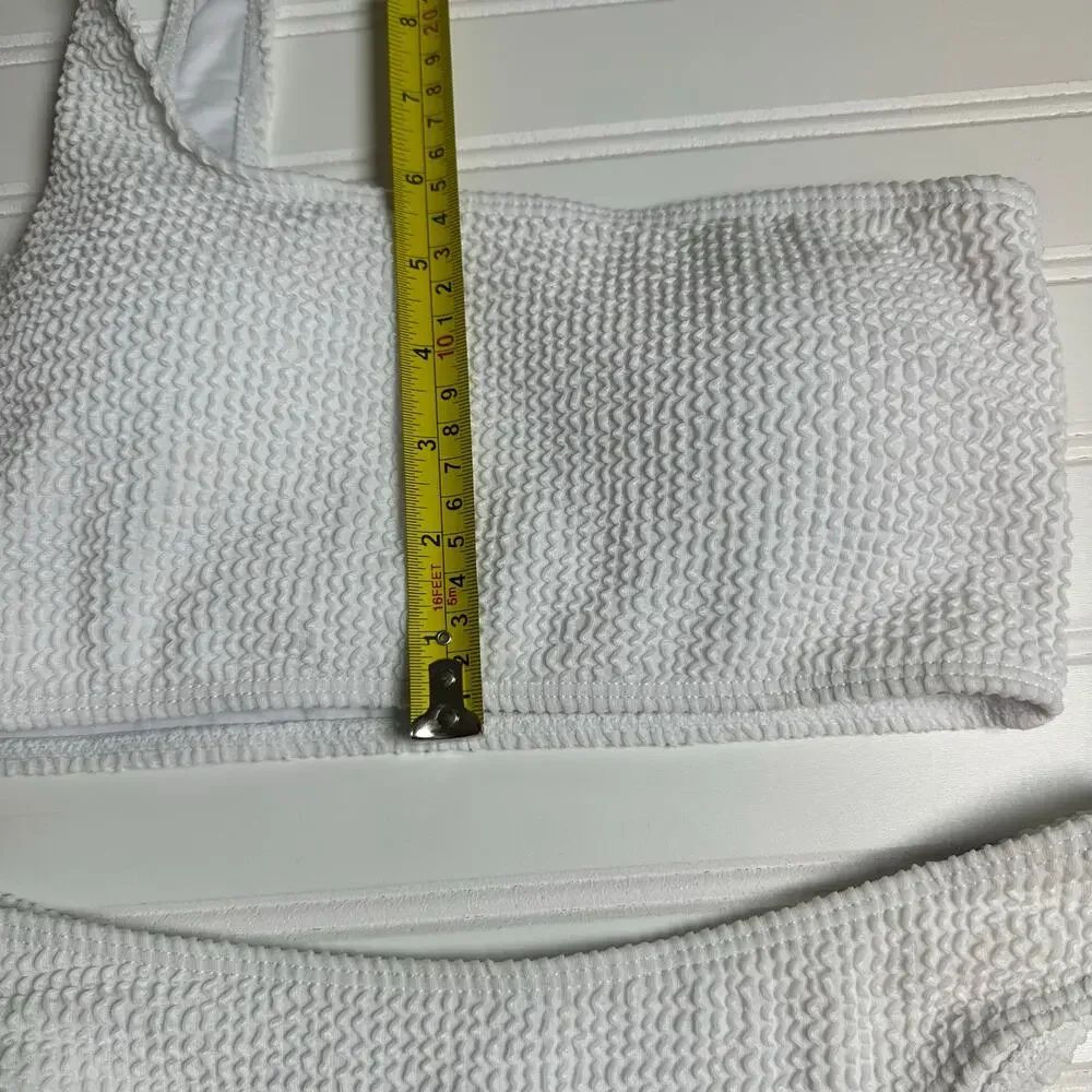 Women White One Shoulder Ribbed Bikini Set Textured High Cut Size Medium NWOT